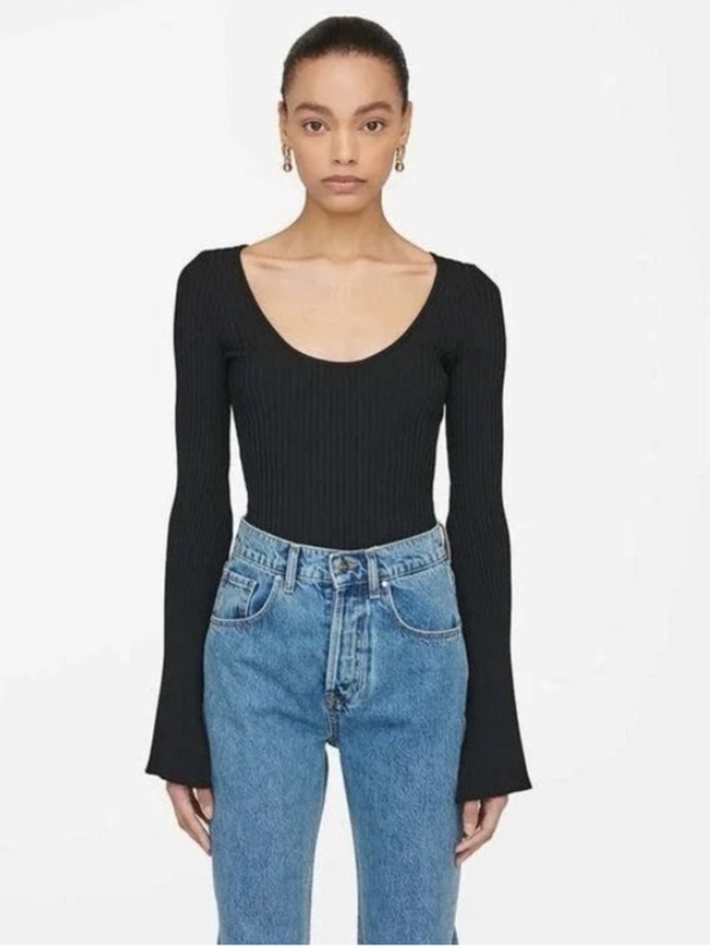 Anine Bing Black Ribbed Knit Scoop Neck Top Slit Flare Long Sleeves Size Large